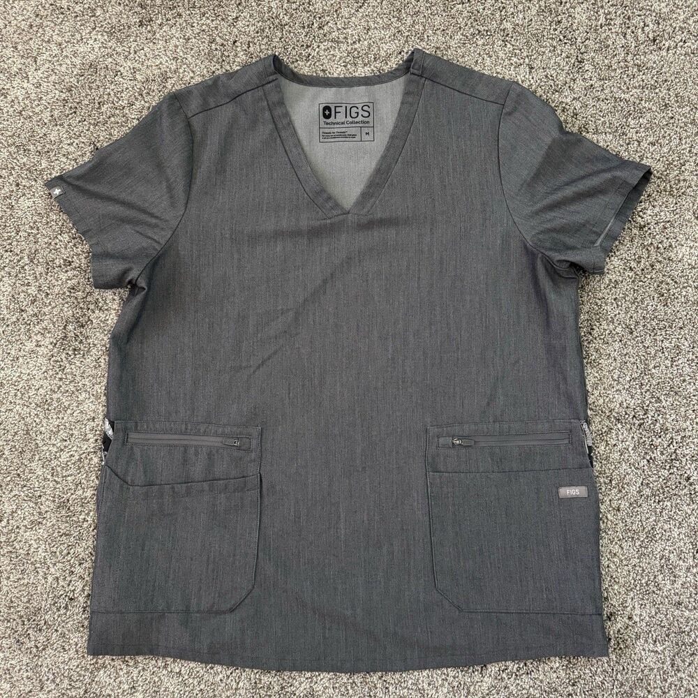 FIGS Accra Feather Fabric Trim Scrub Top W19SW1001 Graphite Women's Size Medium